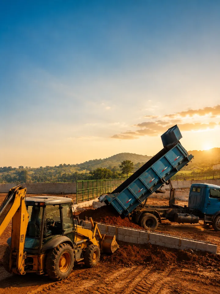 Retroescavadeira e caminhão basculante descarregando terra em terreno preparado ao pôr do sol